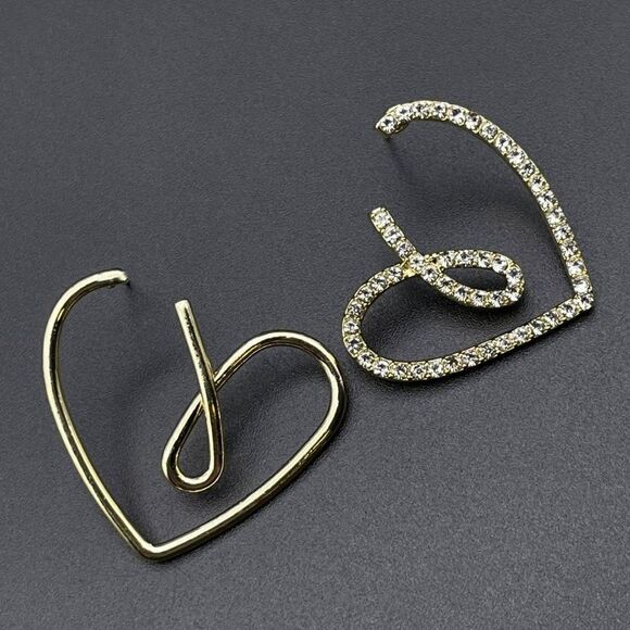 Yellow Gold and White Diamond Crystal Mismatched Heart Post Back Drop Earrings - Picture 1 of 10